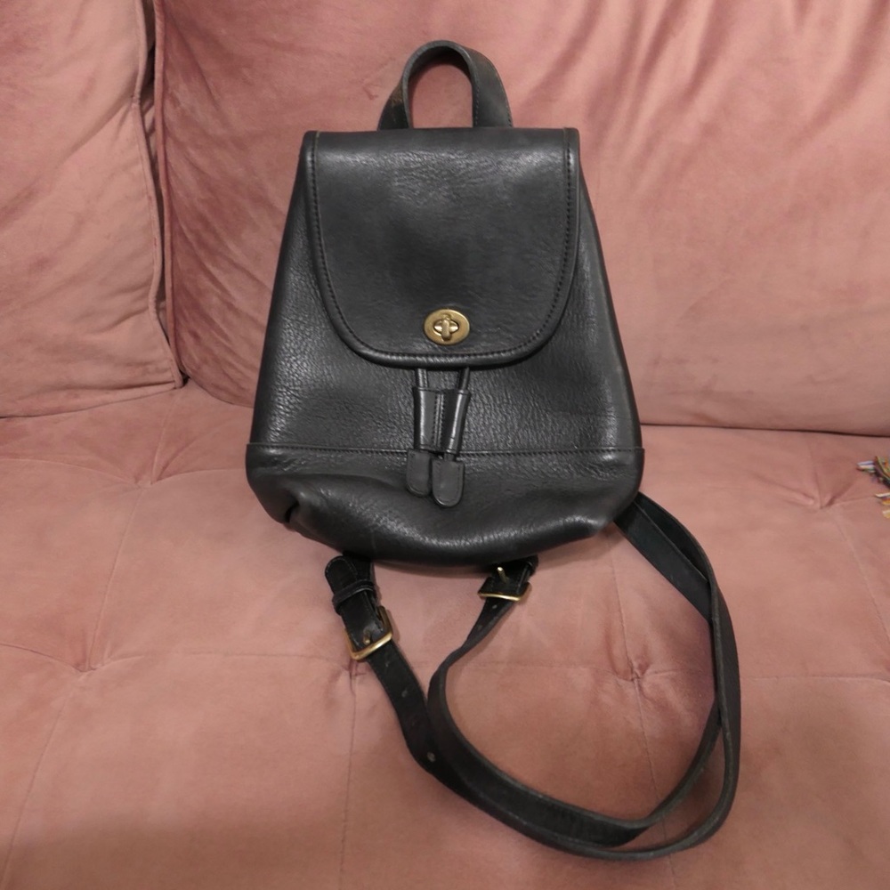 Vintage Coach leather backpack mini day bag black bronze handle strap used 9960
